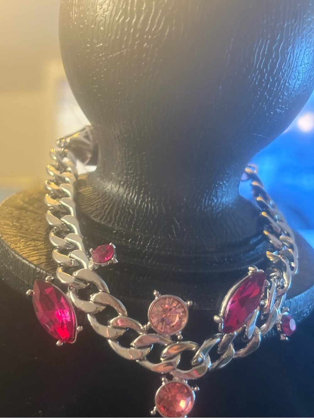 Silver Chain Necklace with Pink and Fuchsia Glass Stones